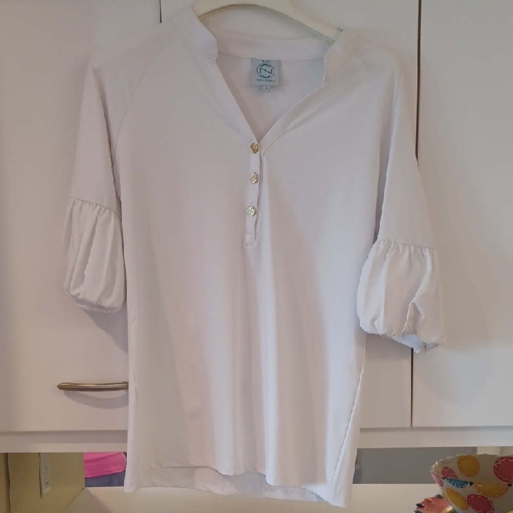 Tracy Negoshian White Top with Gold Accents